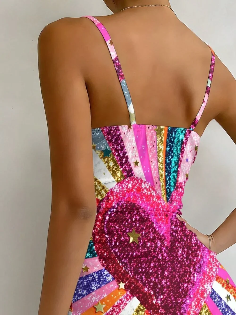 Multicolor Elegant Women's Rainbow Heart Print Cami Mini Dress - Picture 5 of 5